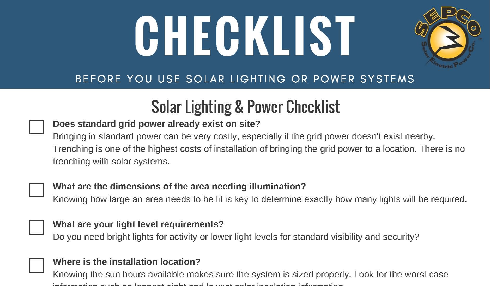 Great Checklist Before You Go Solar SEPCOSolarLighting